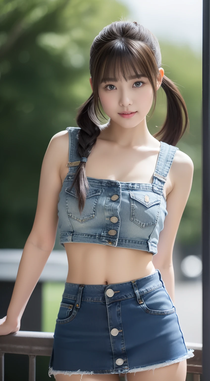 A close up of a woman in a denim top and skirt - SeaArt AI