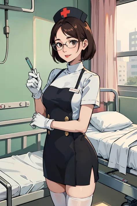 1woman, nurse, nurse cap, white wear, ((white legwear, zettai ryouiki)), white gloves, short brown hair, brown eyes, red lips, smile, standing, ((hospital room)), sharp outline, short sleeves, mature female, 35 years old, best quality, masterpiece,  square...