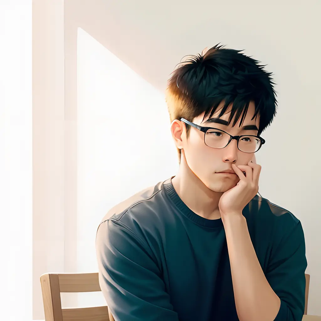 There is a man sitting at a table with a laptop, Thoughtful expression, Pensive expression, Thoughtful look in the distance, Pensive and hopeful expression, thinking pose, human staring blankly ahead, thoughtful, thoughtful ), Asian Male, Man sitting facin...