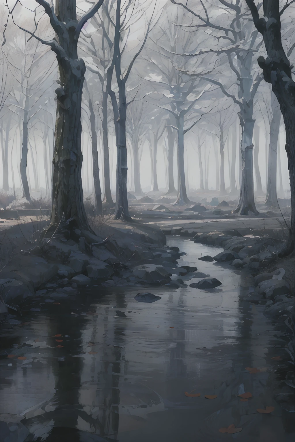 (best quality,4k,8k,highres,masterpiece:1.2),ultra-detailed,(realistic,photorealistic,photo-realistic:1.37),landscape,forest,late autumn,empty branches,depressed,dark and cold atmosphere,deep blue and gray,dense mist,motionless air,morning dew,tranquil and serene,subtle rays of sunlight,stillness and silence,subdued color palette,dry fallen leaves,desolate and melancholic,majestic trees,gnarled tree trunks,cold wind whispering through the trees,hidden secrets,uncharted paths,mysterious aura,undisturbed tranquility,breathtaking scenery,peaceful solitude,serene reflections in a calm lake,ethereal beauty,soft shadows and highlights,sublime nature,autumnal colors and textures,dappled sunlight on the forest floor,breathtaking perspective,vibrant oranges and rusty reds,majestic mountains in the distance,subtle hints of life amidst the emptiness,distant sounds of forest creatures,whispering of the wind,overwhelming sense of nature's power and beauty,embrace the stillness and beauty of the season.