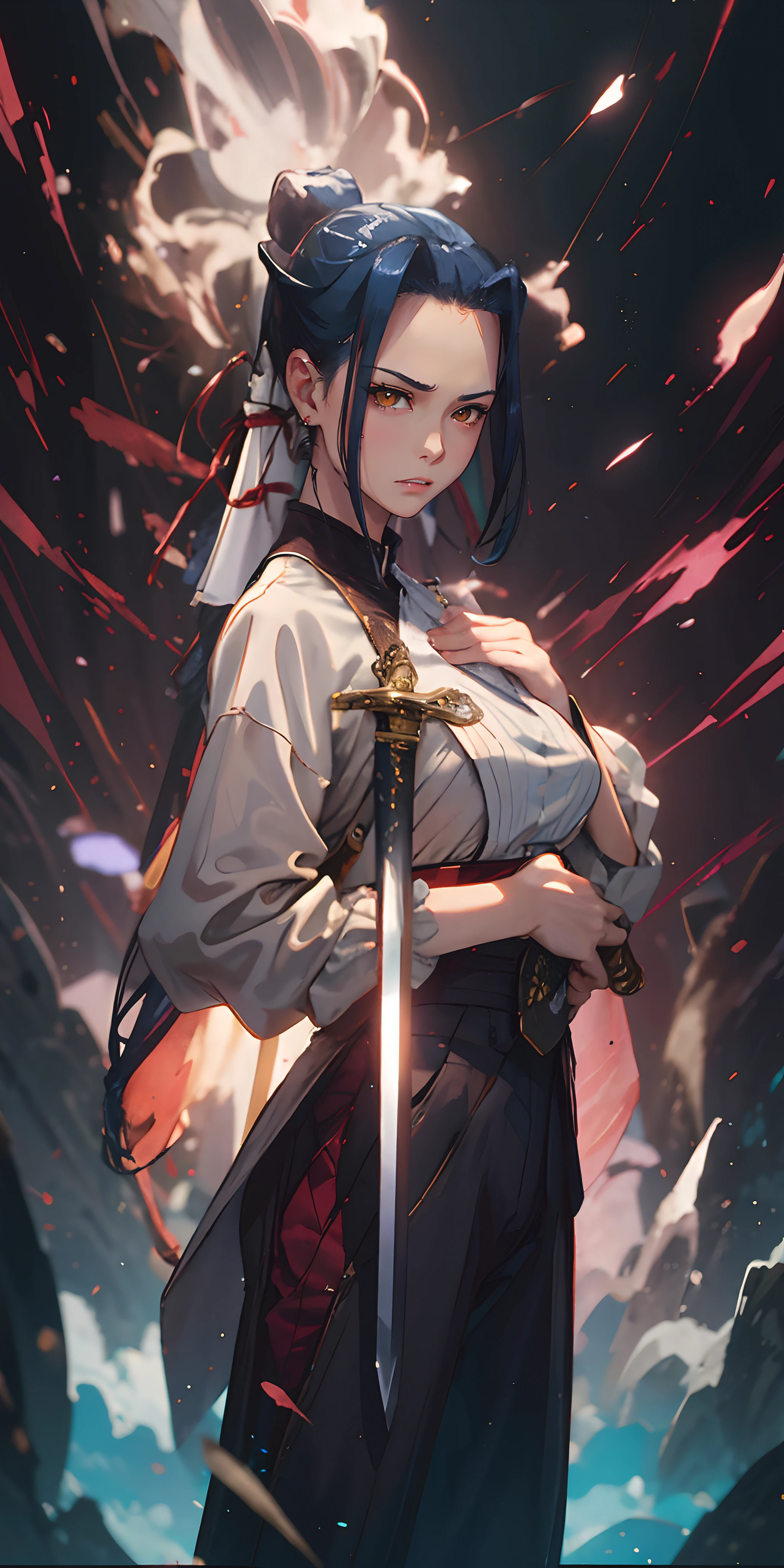 blue hair, ponytail, brown eyes, breasts, epic art, fantasy, breasts, solo, pants, looking_at_viewer, holding, holding_sword, standing, sword, "long shot scenic professional photograph of {prompt}, perfect viewpoint, highly detailed, wide-angle lens, hyper realistic, with dramatic sky, polarizing filter, natural lighting, vivid colors, everything in sharp focus, HDR, UHD, 64K", anime coloring, anime screencap, sweating, steaming body, fog