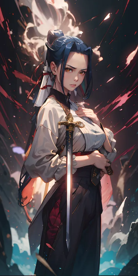 blue hair, ponytail, brown eyes, breasts, epic art, fantasy, breasts, solo, pants, looking_at_viewer, holding, holding_sword, st...