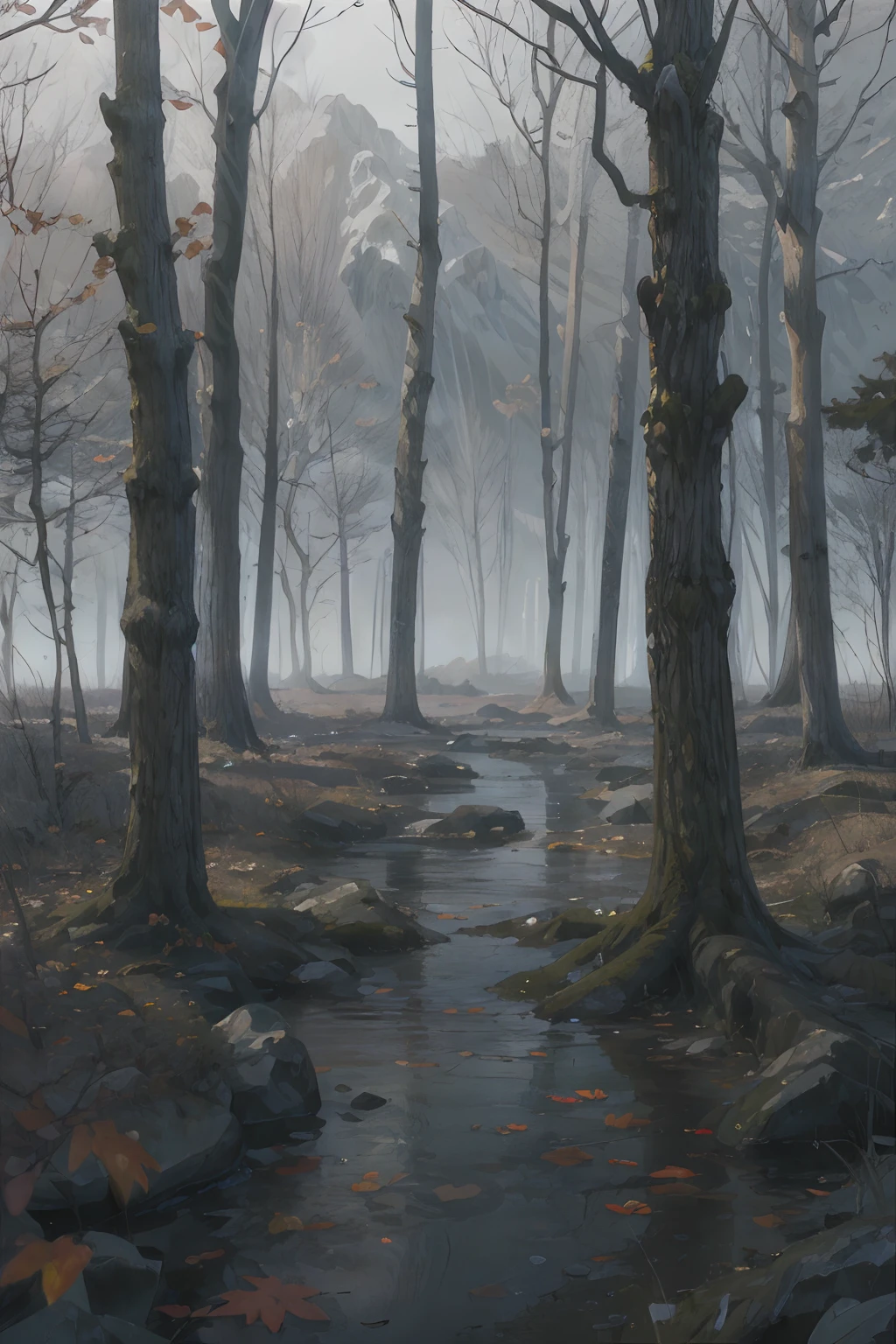 (best quality,4k,8k,highres,masterpiece:1.2),ultra-detailed,(realistic,photorealistic,photo-realistic:1.37),landscape,forest,late autumn,empty branches,depressed,dark and cold atmosphere,deep blue and gray,dense mist,motionless air,morning dew,tranquil and serene,subtle rays of sunlight,stillness and silence,subdued color palette,dry fallen leaves,desolate and melancholic,majestic trees,gnarled tree trunks,cold wind whispering through the trees,hidden secrets,uncharted paths,mysterious aura,undisturbed tranquility,breathtaking scenery,peaceful solitude,serene reflections in a calm lake,ethereal beauty,soft shadows and highlights,sublime nature,autumnal colors and textures,dappled sunlight on the forest floor,breathtaking perspective,vibrant oranges and rusty reds,majestic mountains in the distance,subtle hints of life amidst the emptiness,distant sounds of forest creatures,whispering of the wind,overwhelming sense of nature's power and beauty,embrace the stillness and beauty of the season.