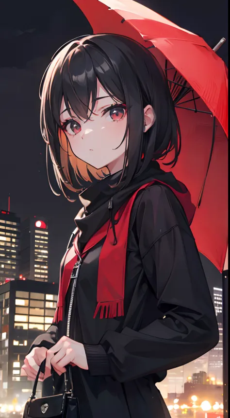 Chica, cabello corto y negro, ojos rojos, ciudad de noche, lluvia, sosteniendo un paraguas