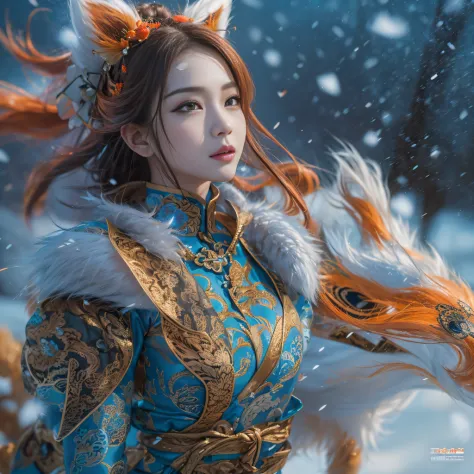 cinematic cgsociety，Flying Nine-Tailed Light Blue Sky Division Flame Hairy Fox Star，Erotic，Torch Night Black Gold Orange Brocade...
