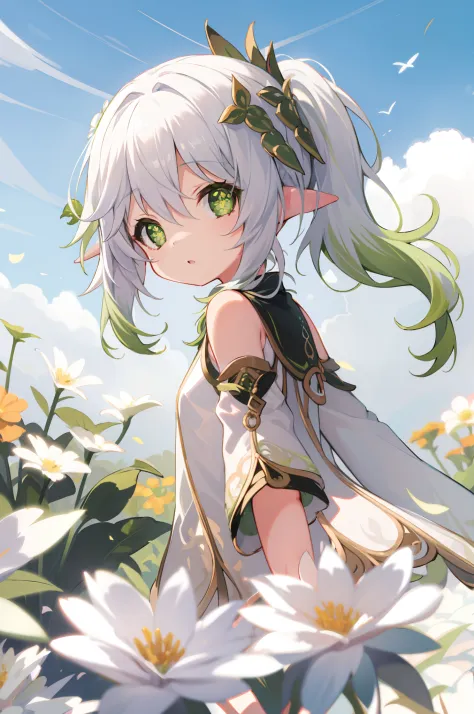 1 little girl solo, nahida_genshin, cross-shaped pupils, default_dress, white dress, white hair, green hair ornament, green cape...