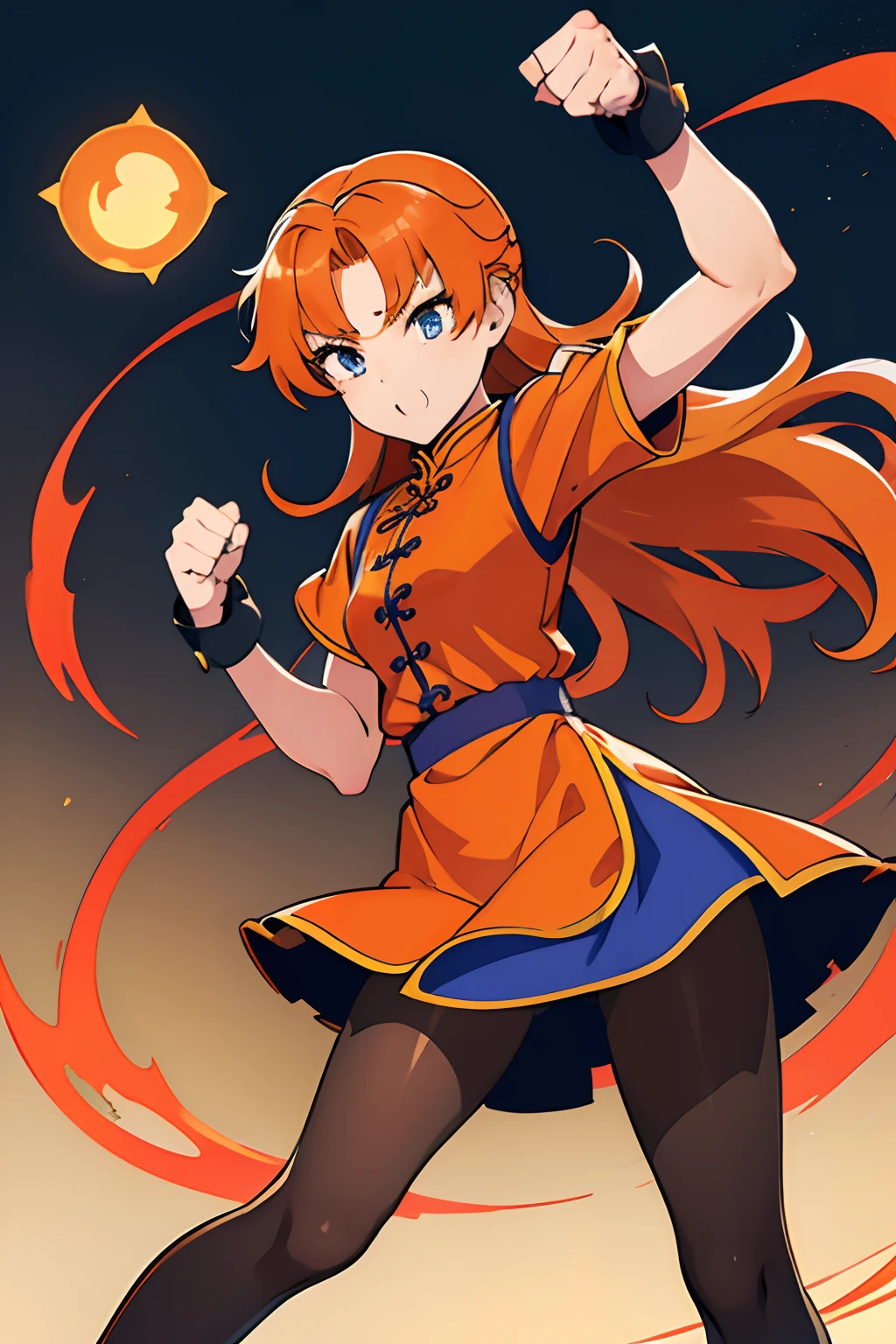1girl in、hight resolution、​masterpiece、Maribel、Short stature、Orange hair、Blue cheongsam、pantyhose、Clench your fists、Attack with your fists、Fighting