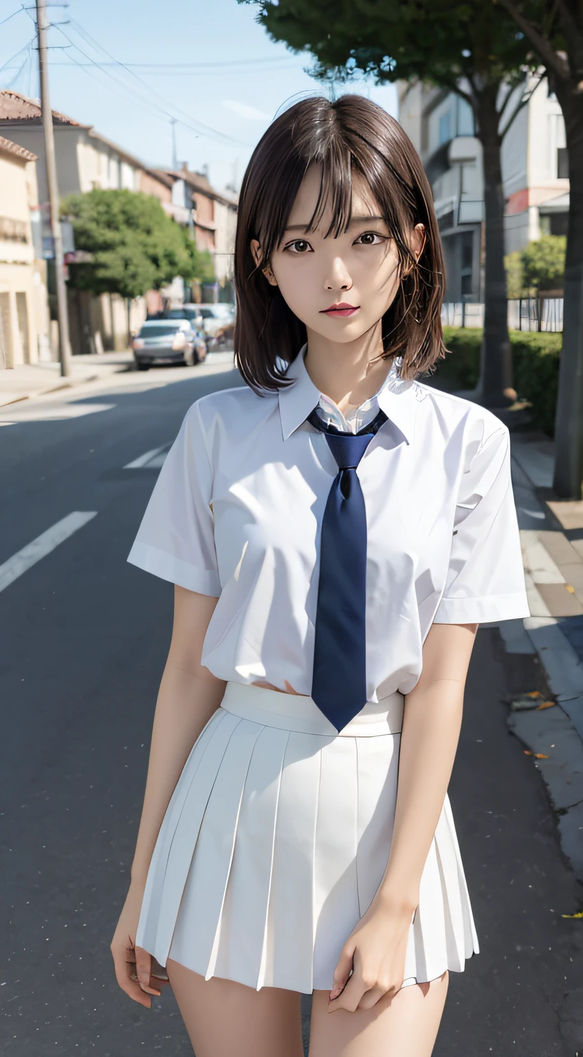 (masutepiece, Best Quality:1.2), 8K, 18year old, 85 mm, Official art, Raw photo, absurderes, White dress shirts, Pretty Face, close up, Upper body, violaceaess, gardeniass, Beautiful Girl, , Cardigan、 (Navy pleated skirt:1.1), Cinch West, thighs thighs thighs thighs, Short sleeve, Hair over one eye、In the street, Looking at Viewer, No makeup, (Smile:0.6), Film grain, chromatic abberation, Sharp Focus, face lights, clear lighting, Teen, Detailed face, Bokeh background, (dark red necktie:1.1)、medium breasts⁩