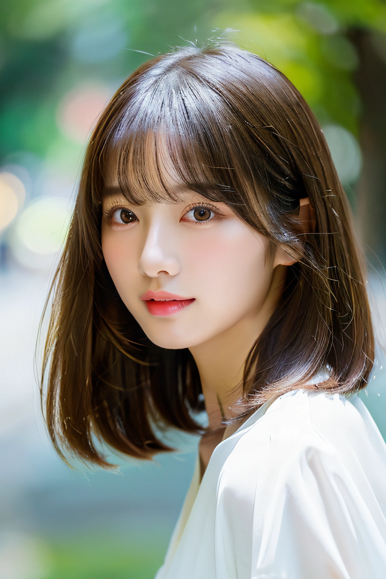((Beautiful and shiny、Very well-groomed straight bob hair))、plein air, solo,top-quality、The ultra -The high-definition、bangss　(Beautiful fece:1.3) ((kawaii:1.3))、((sixteen years old)) White shirt　Decolletage　Natural color lips　(Lori)  Sense of cleanliness　pure　Half-open lips