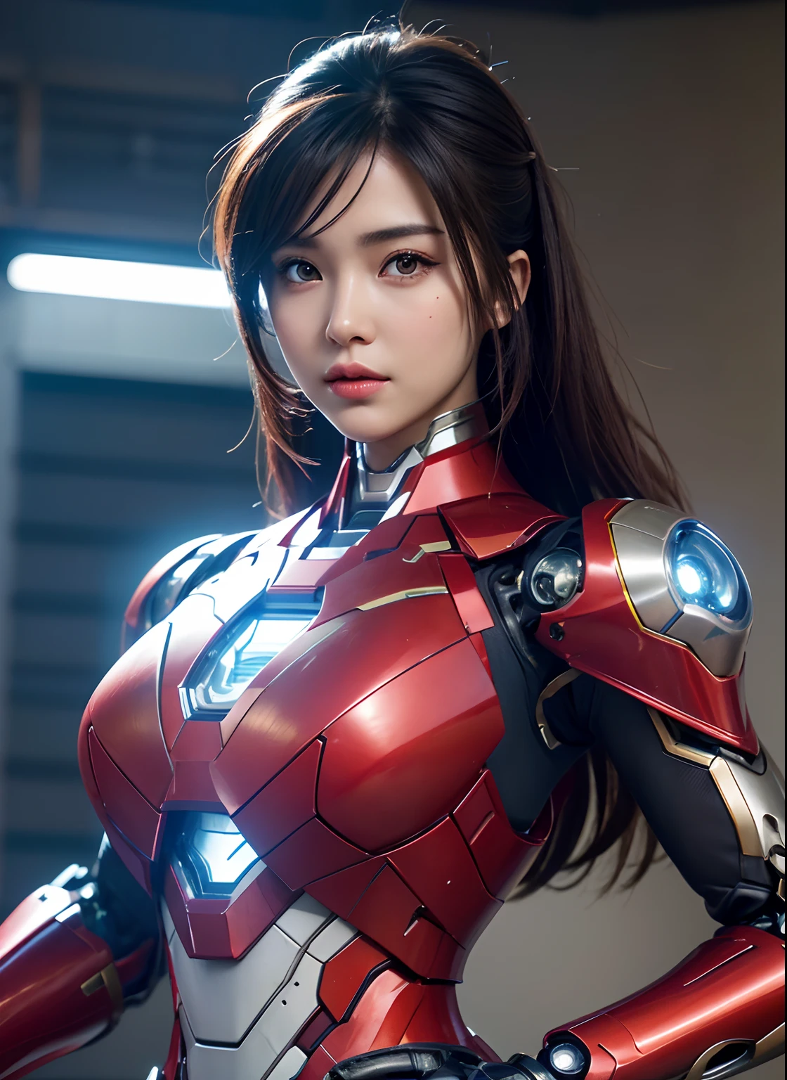 Pele texturizada, Super Detalhe, detalhes altos, alta qualidade, melhor qualidade, alta resolução, 1080p, disco rígido, lindo,(menina de ferro),(super-heroína),linda mulher ciborgue,Garota Ciborgue Mecha,modo de batalha,Garota com corpo Mecha,Ela usa um mecha do Homem de Ferro,corpo inteiro