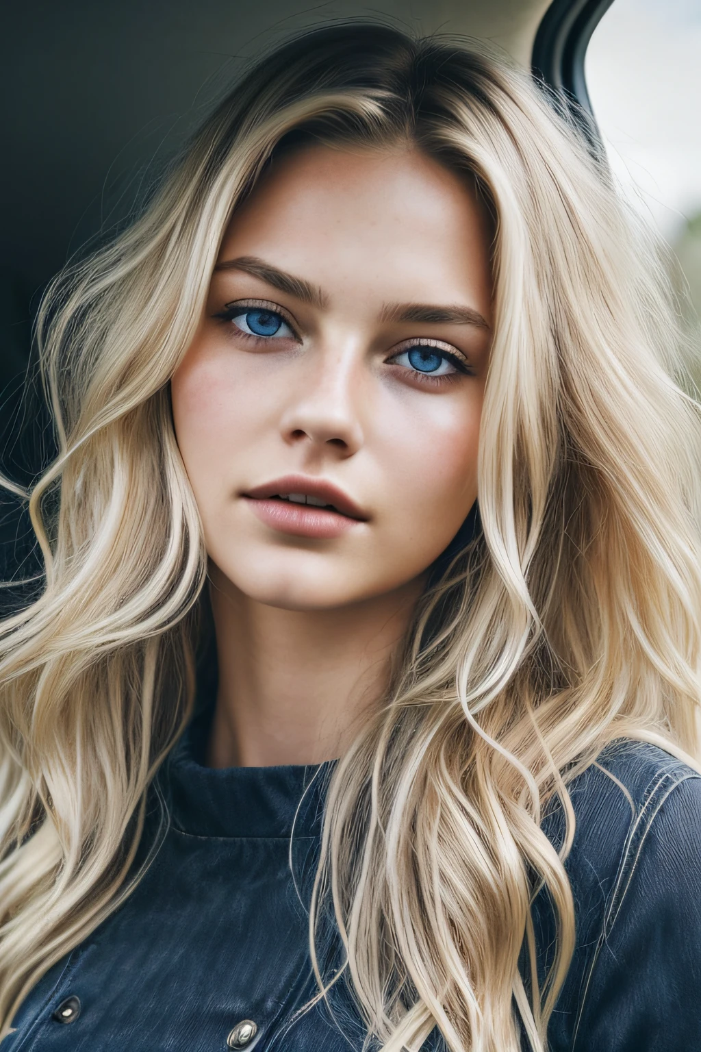 ((1girl in, age19, Solo, Long wavy blond hair, messy wind blown hair, blondehair, (dark blue eyes), Colossal tits, face shot, (textured skin, skin pores:1.1))), imperfect skin, goosebumps, soft lighting, high quality, film grain, Fujifilm XT3 sharp focus, f 2.6, 135mm, High Detail, Sharp focus,(natural light), (seductive), Realistic, ultra realistic, photo realistic, crazy details, complex details, hyper detailed,