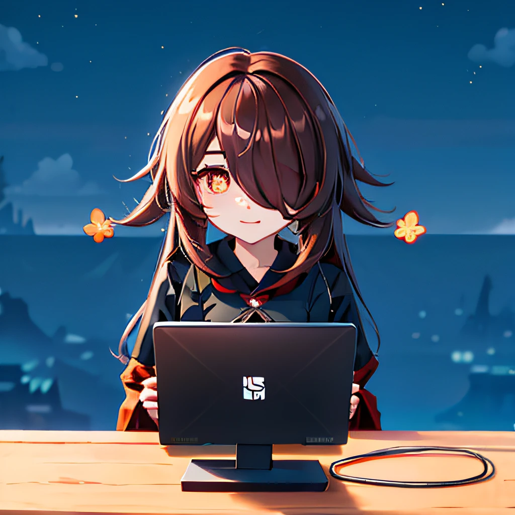 Hair over one eye、One Woman, solo, (twitch emote:1), chibi, Brown hair, red eyes, , comic strip,  a sticker, Thick black outline,Denim dresses、Black blouse、hair down、Orange hair、brown haired、Denim Long Skirt hutao,  laptop, I am using a computer, PCgamer, , asked, In front of a computer, Plain white background in anime style,Sitting in front of a computer