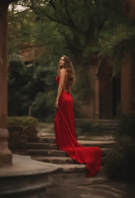 A close up of a woman in a red dress posing for a picture - SeaArt AI