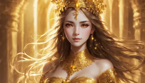 Deusa Dourada Freyer, Deusa Majestosa do Amor e da Magia, Your hands glow with mysterious power.Her hands glow warm and enchanting.His presence is a light of hope and joy.Her golden aura is、It is a glowing golden aura of love and protection.Brilho da estre...