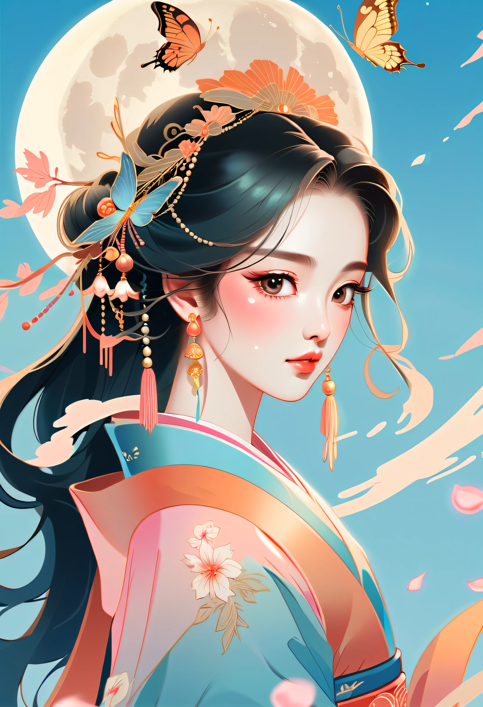 Vector illustration，Flat illustration，A young and beautiful Japanese anime girl，Looks like Liu Yifei，Watery eyes，Exquisite facial features，head gear，butterflys，Behind him there is a decorated moon， Light blue and pink, Vividly depict movement, Bell Stone, carefully designed, Margaret Brasingham, Light gold and orange，National style，illustration，Chinese style