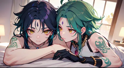 best quality, best anatomy, beautiful face, press arm on bed, xiao, (genshin impact), gloves, tattoo, arm tattoo, necklace, jewelry,green hair, bead necklace, mark on forehead, purple mark on forehead, multicolored hair, beads, yellow eyes, 1boy, male focu...