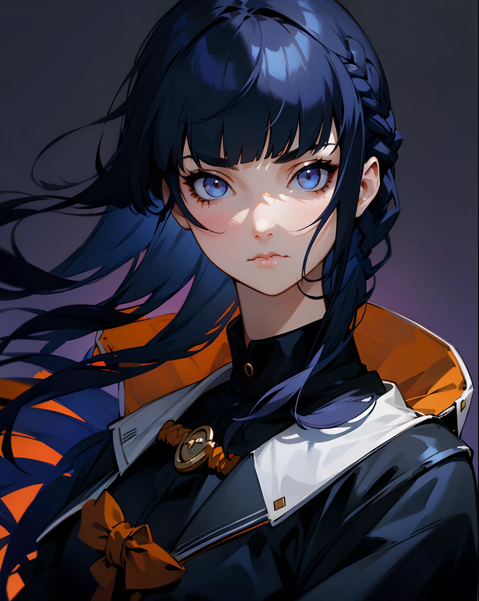 Blunt bangs, dark blue hair, braid hair, pout, halloween