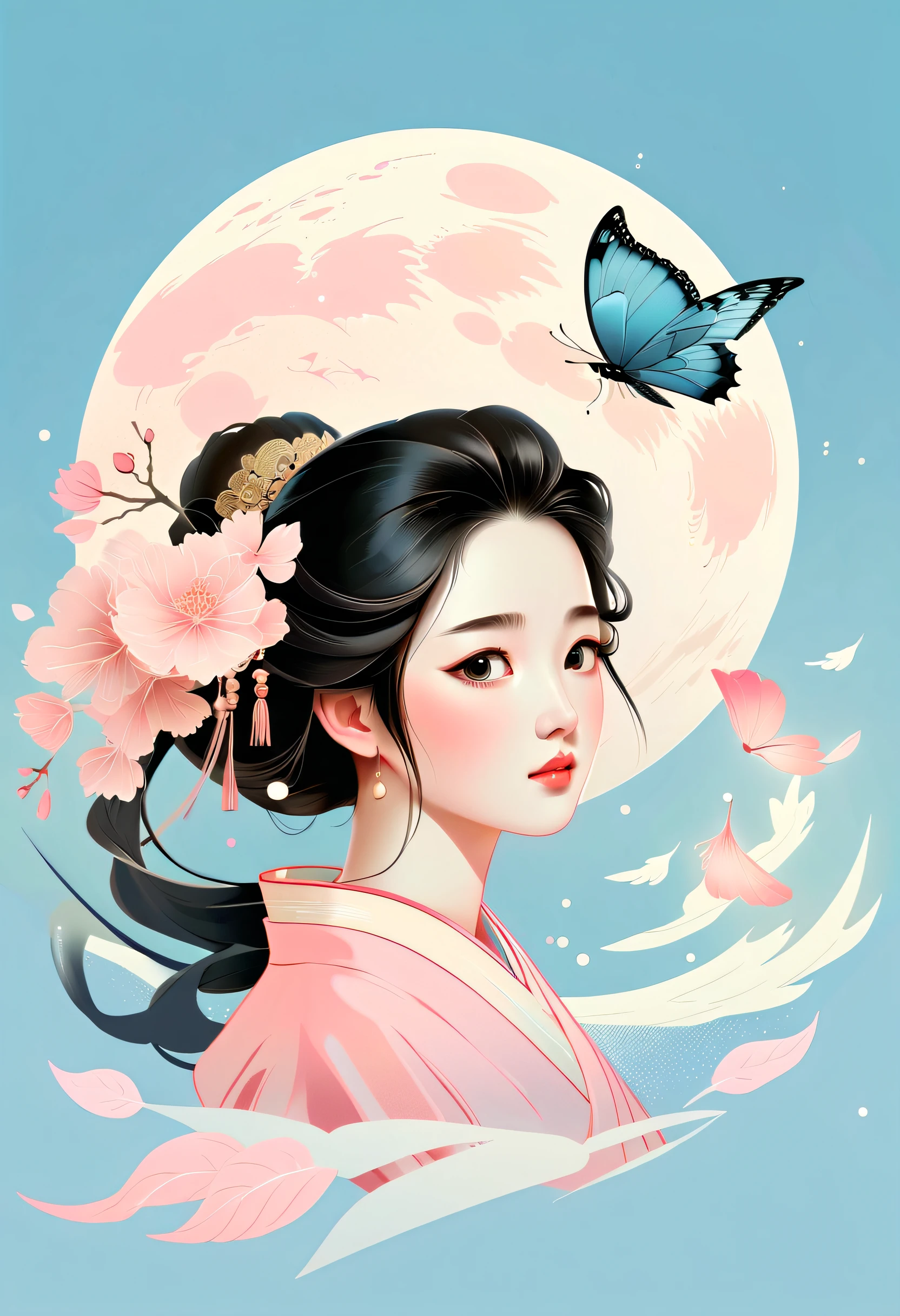 Vector Illustration，Flat Illustration，Junges und schönes japanisches Anime-Mädchen，Looks like Liu Yifei，Wässrige Augen，exquisite Gesichtszüge，Kopfbedeckung，Schmetterlinge，Hinter ihm ist ein dekorierter Mond，im Stil von Alessandro Gottardo, Hellblau und Rosa, Bewegung anschaulich darstellen, Glockenstein, sorgfältig entworfen, Margaret Brasingham, Helles Gold und Orange，Nationaler Stil，Illustration，chinesischer Stil