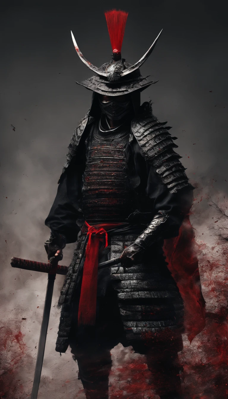 (beste Qualität,4k,8k,highres,Meisterwerk:1.2),ultra-detailliert,Realistisch:1.37,ein Samurai in der Sengoku-Zeit Japans,trägt eine komplette Samurai-Rüstung,Schwarze Samurai-Maske,hält ein scharfes Samurai-Schwert,das intensive Gefühl der Unterdrückung,leuchtend rote Augen