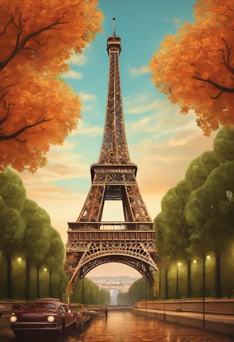 cartoony，planar，2D，The Eiffel Tower - SeaArt AI