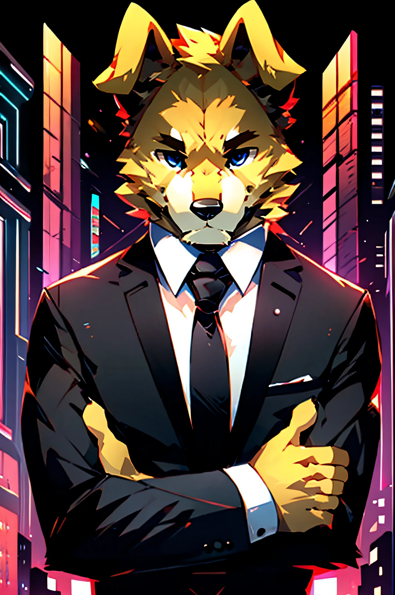 (Man in black suit and tie)comic strip、Anthropomorphic Golden Retriever Dog、cyberpunked