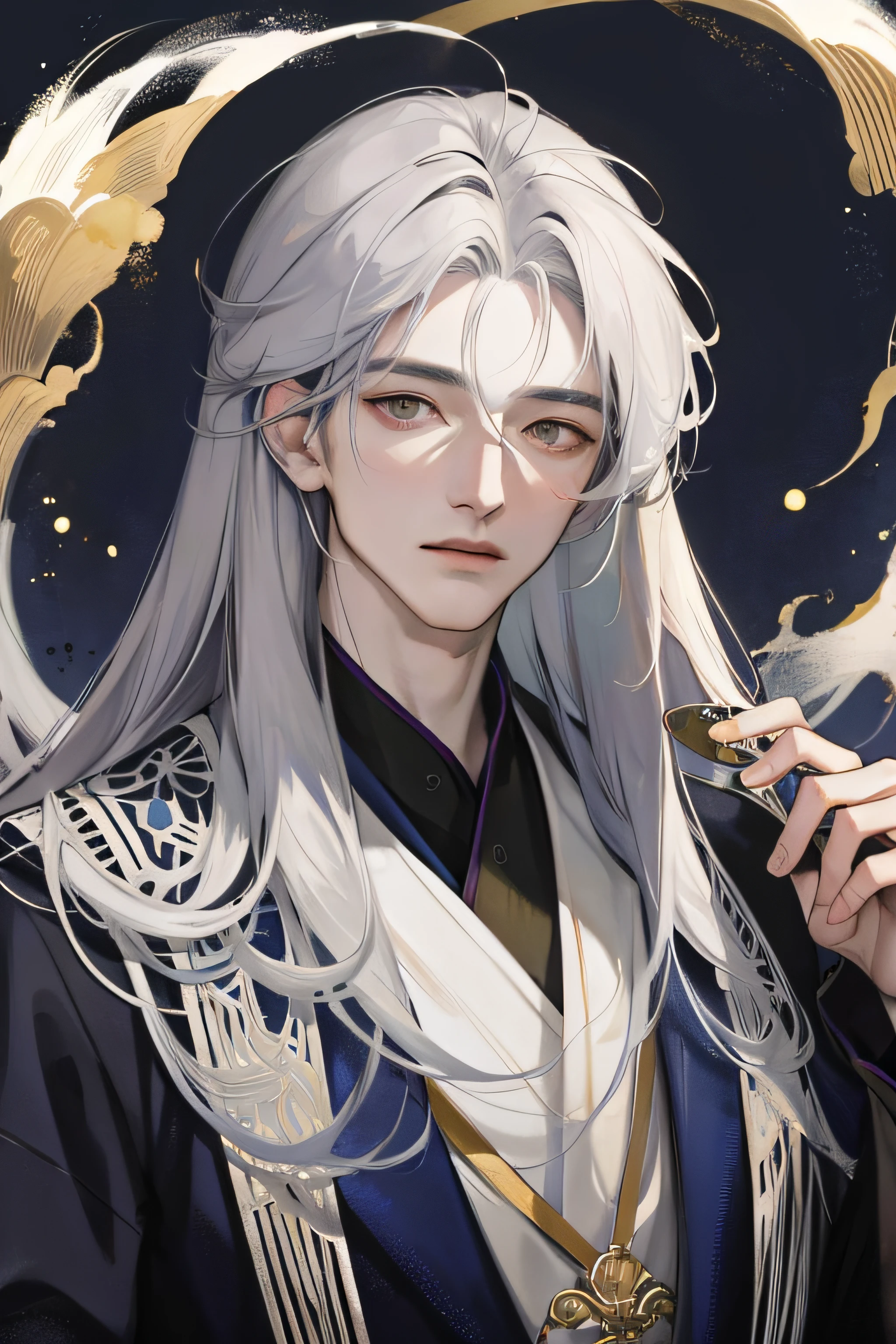 Masterpiece, Best quality, Night, full moon,Exquisite facial details， 1 man, Mature man, Chinese style, fox ear，Ancient China, Gray hair like spring, Golden eyes, Split ends of hair, Long hair, Long bangs, Handsome, Handsome, Masculine, gentle, Tall, calm, Mixed white and blue clothing, Dark background, fox tails，Fox element,  in wonderland