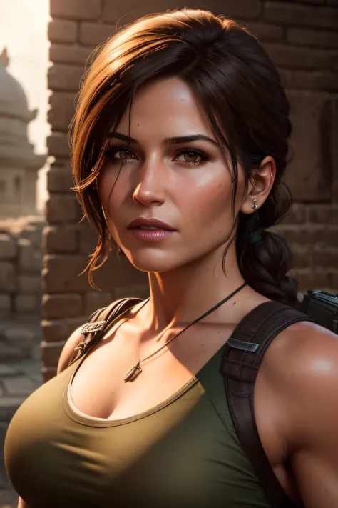 A portrait of Lara Croft with piercing brown eyes, set against temple background with warm golden lighting, photorealistic, dslr...