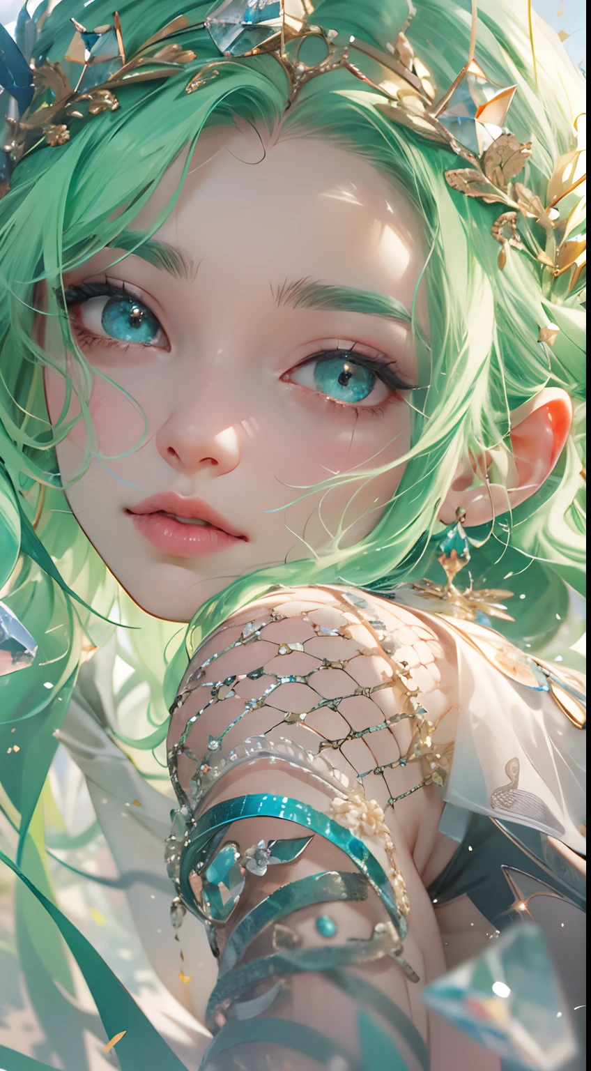 （absurderes，A high resolution，ultra - detailed），1woman，teens girl，18 years younger，Long wavy hair，Green hair，Green jewel-colored eyes，Delicate and intricate floral headdress with long sleeves，Delicate eyes and delicate face，Extremely detailed CG unity 8k wallpaper，Complicated details，（ style-swirlmagic:1.0), looking at viewer, solo, upper body, detailed background, close up, detailed face, (gothic dark ages theme:1.1), crystal sorcerer, dynamic pose, earth themed clothes, crystal crown, Float in the air，glowing magical shards，Surrounded by blue magic crystals，rock formations，stalactites，Magic floating particles，crystal glass，crystal sphere，Crystal canyon background，（shallow water：0.7），Epic ethereal atmosphere，Updraft，sportrait