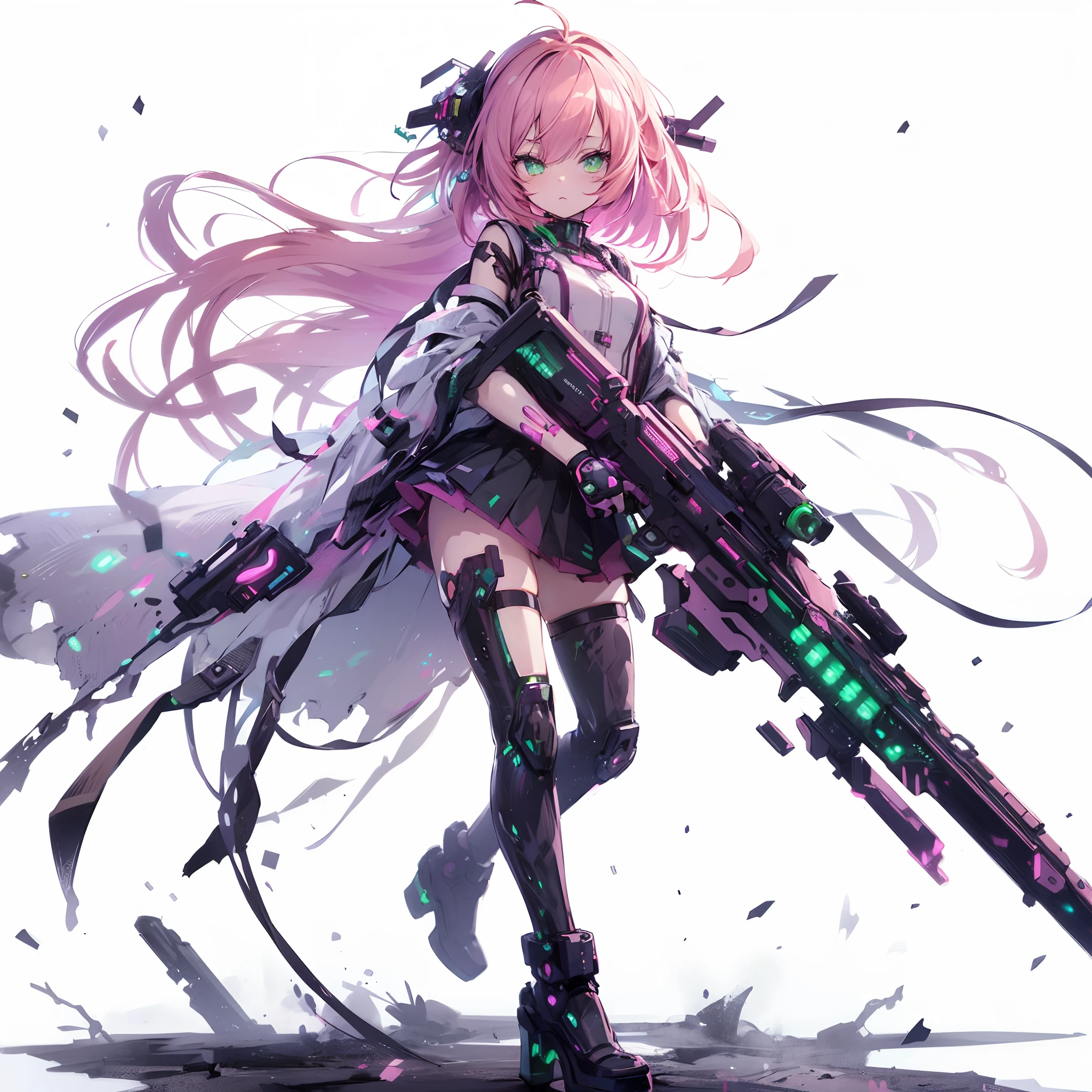 (masutepiece, Best Quality), Ultra-detailed, Anime style, Full body, cyber punk Girl, Gripping a high-tech rifle, Pink hair, Glowing green eyes, Wearing a magical girl costume , 8K High Resolution, trend artstation, White background, Standing in the wasteland, Whole body,