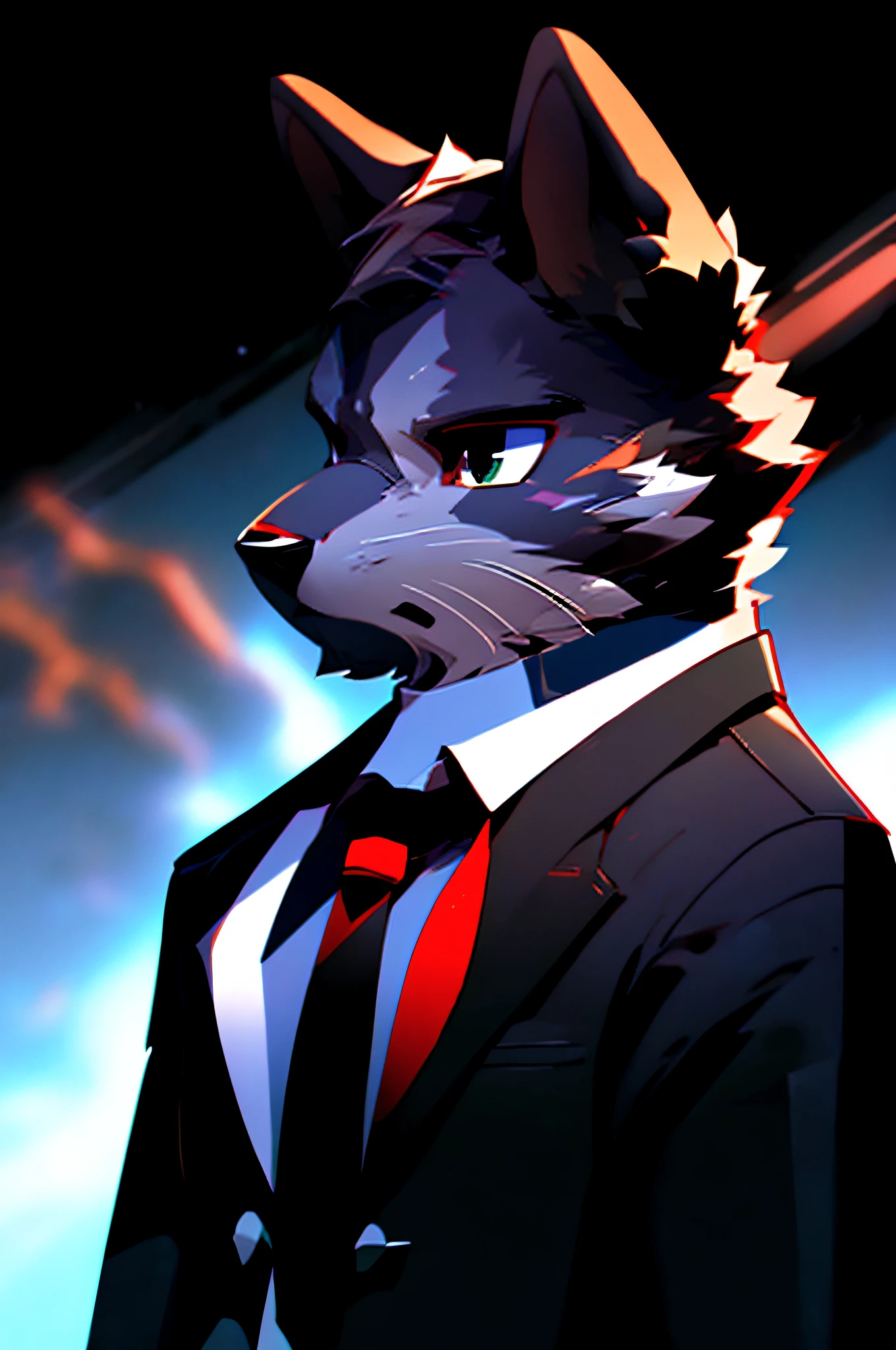 (Man in black suit and tie)comic strip、Anthropomorphic Schnauzer Dog、cyberpunked