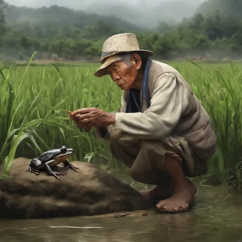 An old grandfather of the Zhuang tribe took a little boy to look for frogs in the field