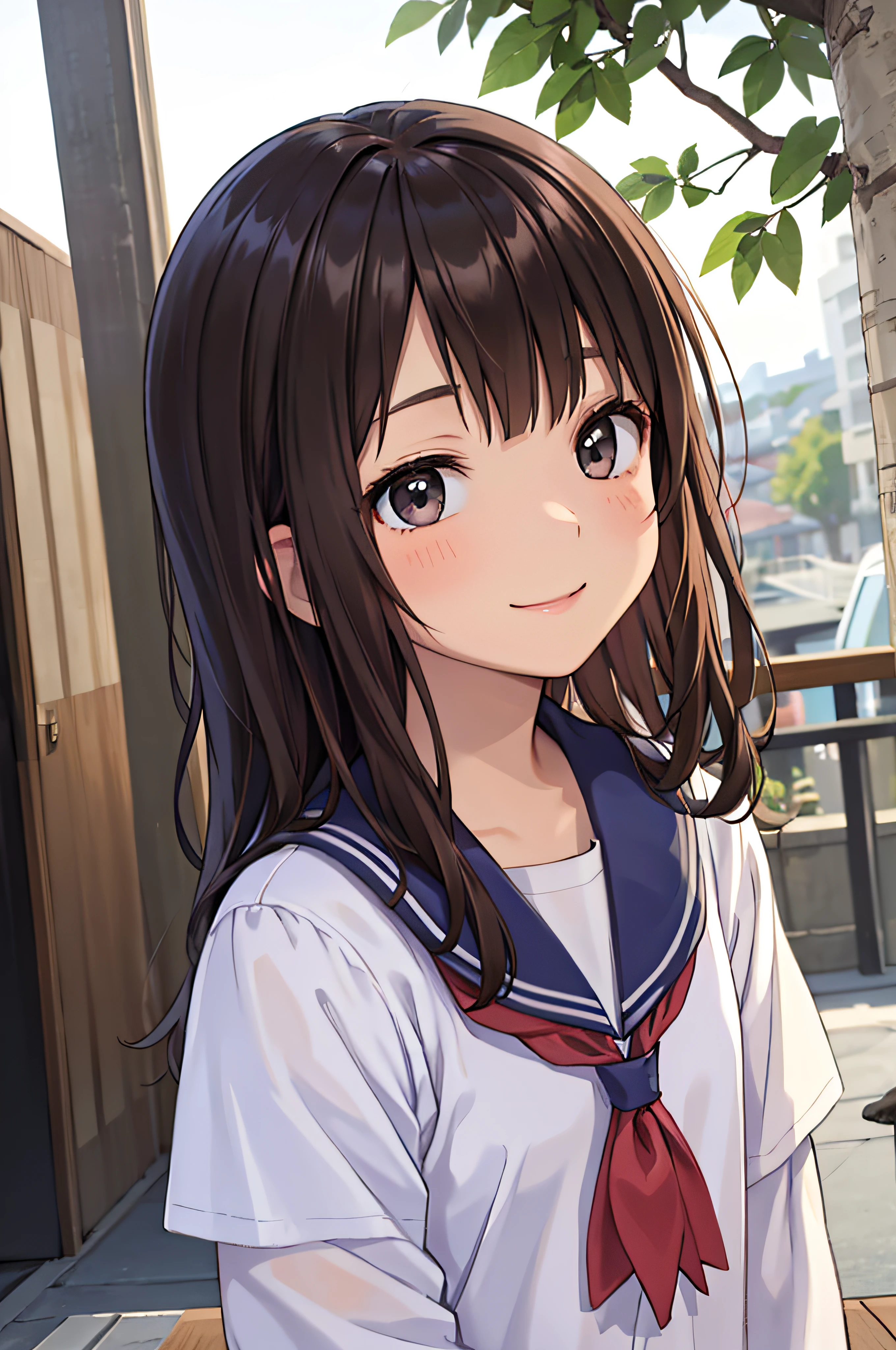 13years、brown haired、beautidful eyes、real looking skin、hi-school girl、a sailor suit、small tits、(8K、​masterpiece)、(reallistic、Photorealsitic)、top-quality、ighly detailed、The ultra-detailliert、Beautie、cute little、japanes、Idol、a smile、Close-up portrait、Healthy face