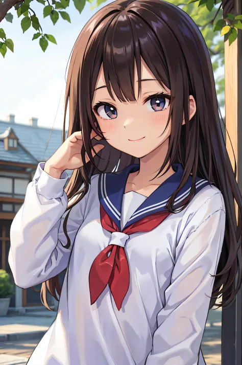 18year old、brown haired、beautidful eyes、real looking skin、hi-school girl、a sailor suit、small tits、(8K、​masterpiece)、(reallistic、...