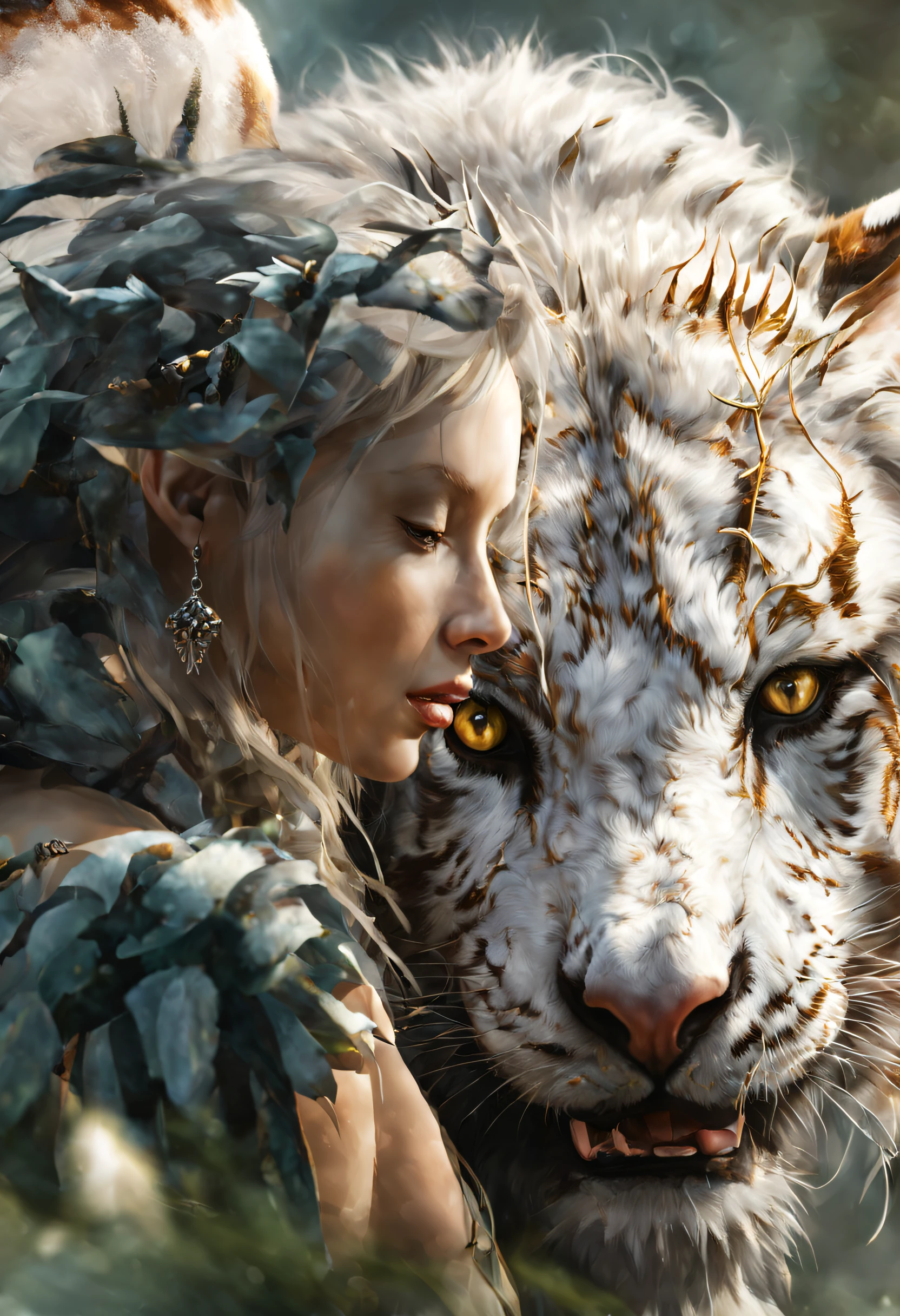 (Beautiful druid girl:1.3) Hug the white tiger (Extremely detailed Cg Unity 8K wallpaper,Masterpiece, Best quality, Ultra-detailed, Golden eyes with beautiful details:1.2),better lighting, (better shade, Extremely Delicately Beautiful, full bloom), Masterpiece, Best quality:1.1, Realistic:1.3, Cinematic lighting:1.2, In heavy snow:1.5, The ultra-realistice, Photorealistic:1.0, sharp-focus:1.1, depth of fields:1.1, 50 millimeters, Nathan Voss' style, Hasselblad x1d II, Door 160 pointed ears, elf