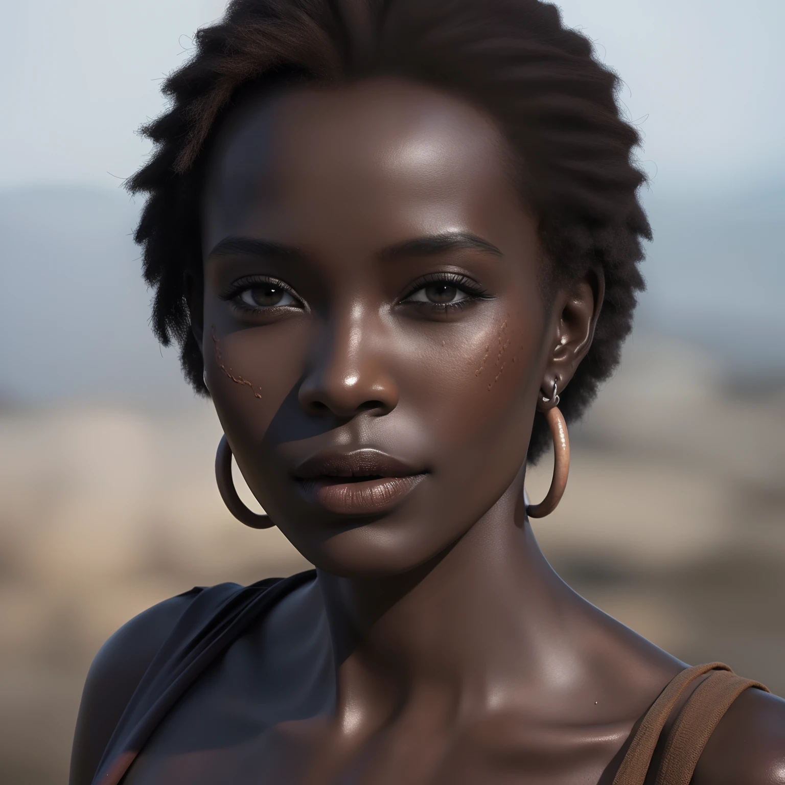 Foto retrato de una mujer africana de cuerpo esbelto, obra maestra, Ruinas de la ciudad, (Piel muy detallada:1.2), 8k hd, DSLR, iluminación cinemática, alta calidad, grano de la película, Fujifilm XT3 vestida con elegancia en Nueva York