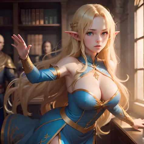 Outraged 20-year-old blonde elf girl with long wavy hair and blue eyes, in a blue dress with gold embroidery. 1 orc, green skin, in leather clothes. An argument with an orc in the office. The orc grabs her hands. waving arms. delicate detail. ultra details...
