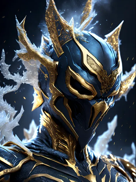 Close-up ( frozen gold venom from Marvel in Goth style: 1.3) emerging from the venomous ice, extremely detailed, smoke, sparks, ...