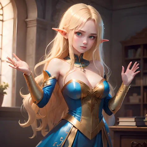 Outraged 20-year-old blonde elf girl with long wavy hair and blue eyes, in a blue dress with gold embroidery. 1 orc, green skin, in leather clothes. An argument with an orc in the office. The orc grabs her hands. waving arms. delicate detail. ultra details...