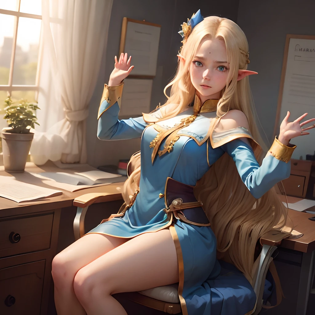 Outraged 20-year-old blonde elf girl with long wavy hair and blue eyes, in a blue dress with gold embroidery. 1 Orc in uniform. An argument with an orc in the office. The orc grabs her hands. waving arms. delicate detail. ultra details. Highly detailed characters.