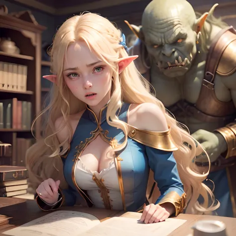 Outraged 20-year-old blonde elf girl with long wavy hair and blue eyes, in a blue dress with gold embroidery. 1 Orc in uniform. An argument with an orc in the office. The orc grabs her hands.  delicate detail. ultra details. Highly detailed characters.