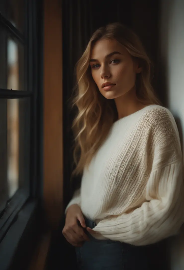 a beautiful girl in a white sweater standing next to an open window, in the style of guy aroch, detailed facial features, maximilian pirner, uhd image, light amber, rone, light-focused --ar 45:64