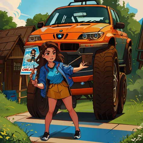 Pixar poster girl with long brown hair with bmw car
