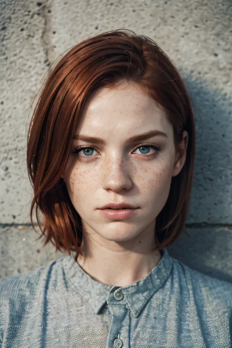 feminine figure, redhead, freckles, best quality, a shirt, close-up, realistic skin texture, annoyed, upper body portrait, street wall background, photography, detailed facial features, film grain texture and high contrast, extremely high-resolution detail...