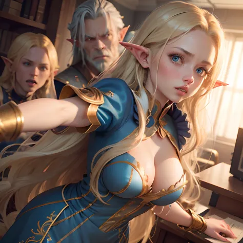 Outraged 20-year-old blonde elf girl with long wavy hair and blue eyes, in a blue dress with gold embroidery, arguing with orcs in the office. The Orcs grab her by the arms. delicate detail. ultra details. side glance. highly detailed characters.