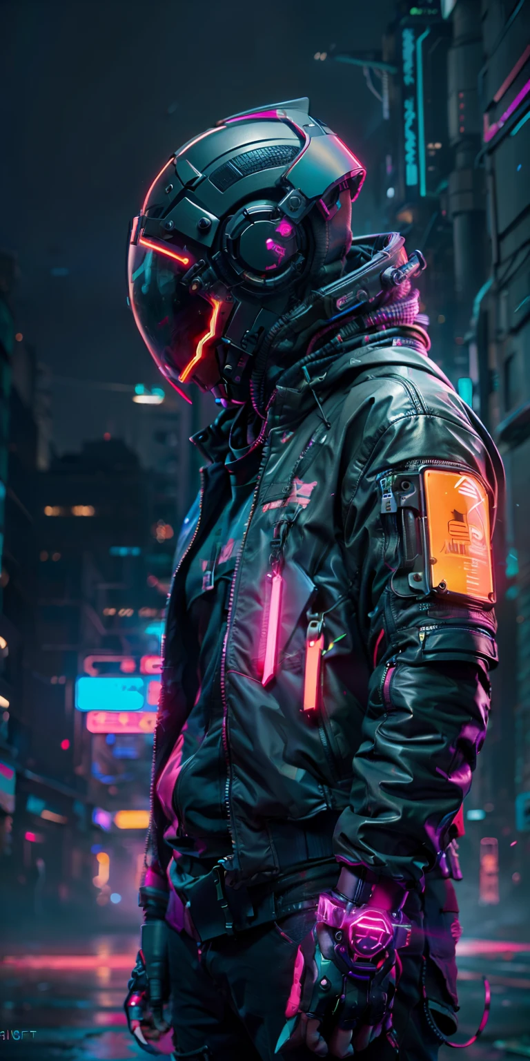 (Meisterwerk, Ganzkörperaufnahme, intrinsisch raw photography)Cyberpunk-Bürger in übergroßer Techwear, mit einem schwarzen Astro-Daftpunk-Helm, Neonlichtdetails, intrinsisch, futuristisch, Schärfe, zufällige Pose, cyberpunk city, Neonlichter der Straße, Insta-Bild, Foto des Jahres, octane render, Substanz, Maya 3d, Kino 4D, Artstation im Trend, abweichender Kunsttrend,