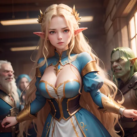 Outraged 20-year-old blonde elf girl with long wavy hair and blue eyes, in a blue dress with gold embroidery, arguing with orcs in the office. The Orcs grab her by the arms. delicate detail. ultra details. side glance. highly detailed characters.