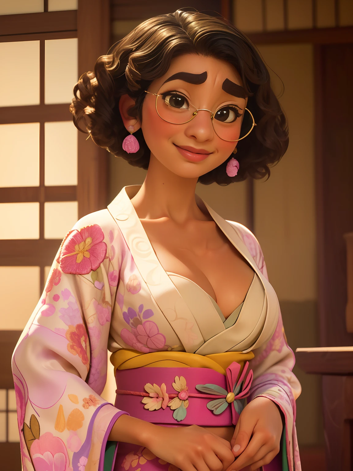 (((Mirabel Madrigal do filme Encanto da Disney))),  mãos perfeitas, rosto perfeito, (((rosto simétrico))), Sorriso suave, (((cabelo curto))), pele perfeita, pele tonificada, (((Interior japonês tradicional))), ((quimono)), (((Decote))),