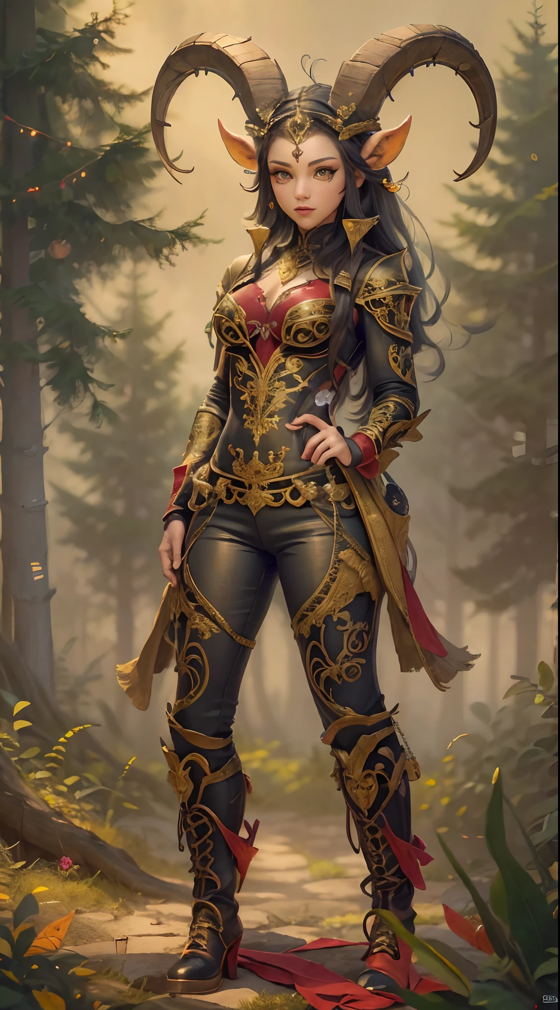 (Masterpiece), Top quality, Expressive eyes, Perfect face, Smooth skin, tribal tattoos, Goat Girl, goat horn, punky style, Super plump, Tight overalls, Tight-fitting gold and red gradient armor, full bodyesbian，Long leather boots，8K_the wallpaper, eye detailed, Body details,  Finger details, (Digital artwork), (Caricature illustration details), (Line art details), ((Perfect)) parfect anatomy, best hand)), (finedetail:1.3), (highly details:1 ,3), (  illustration :1 , 3 ), (Sharp focus:1,3), (Natural light:1,05), (Light color:1,3), Wild forest background,