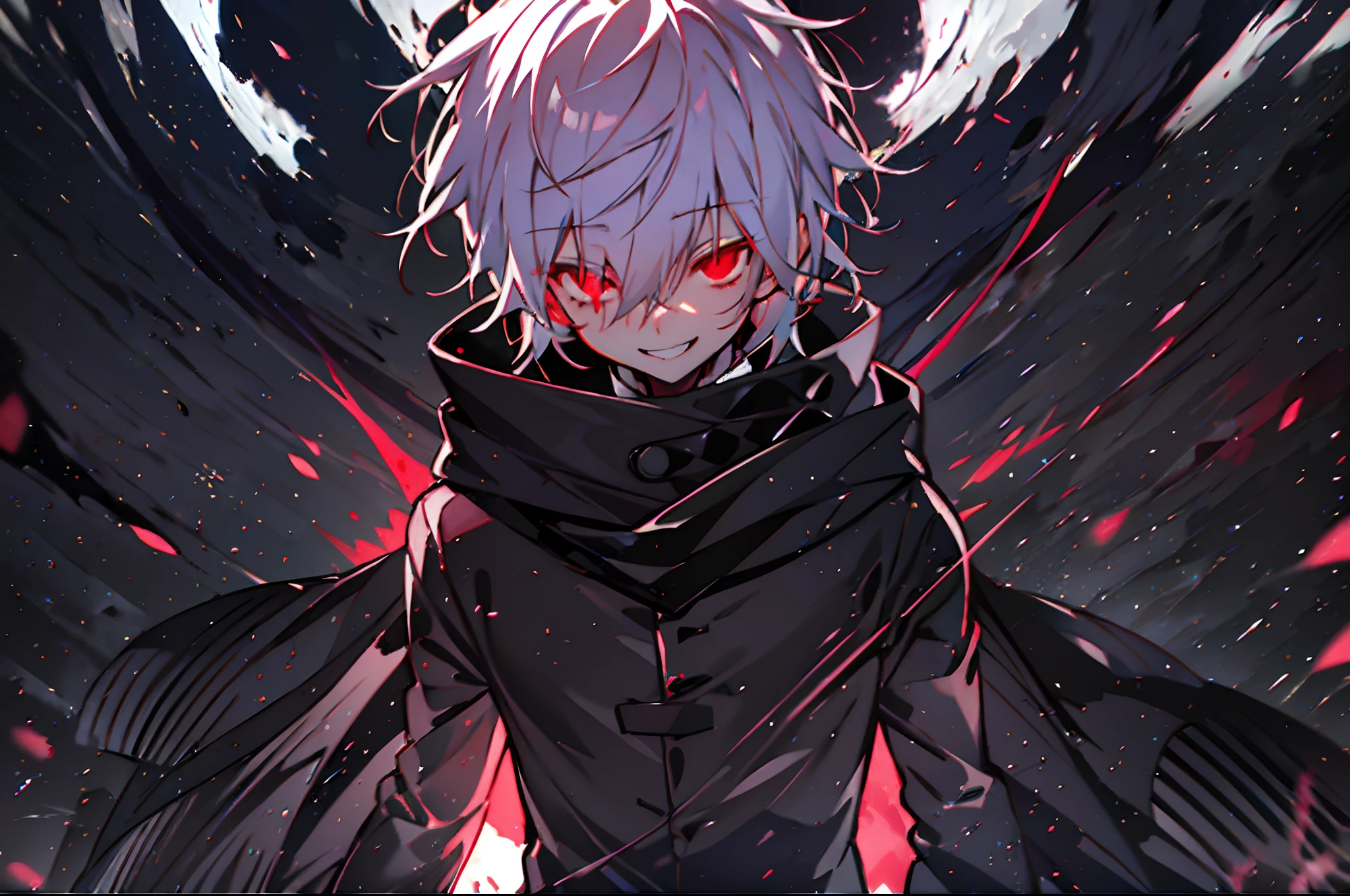 One Person,Anime boy with white hair and red eyes staring at camera, Glowing red eyes,slim, Black clothe,Shadow Body,monochromes,grinning evily、