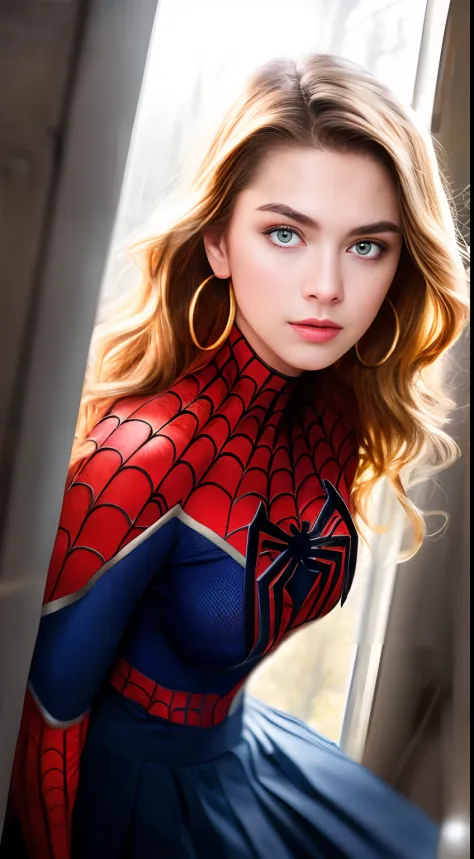 ((Peter Parker in spiderman uniform)), girl body, model body, big blue eyes, small breasts, long legs, medium hoop earrings, spi...
